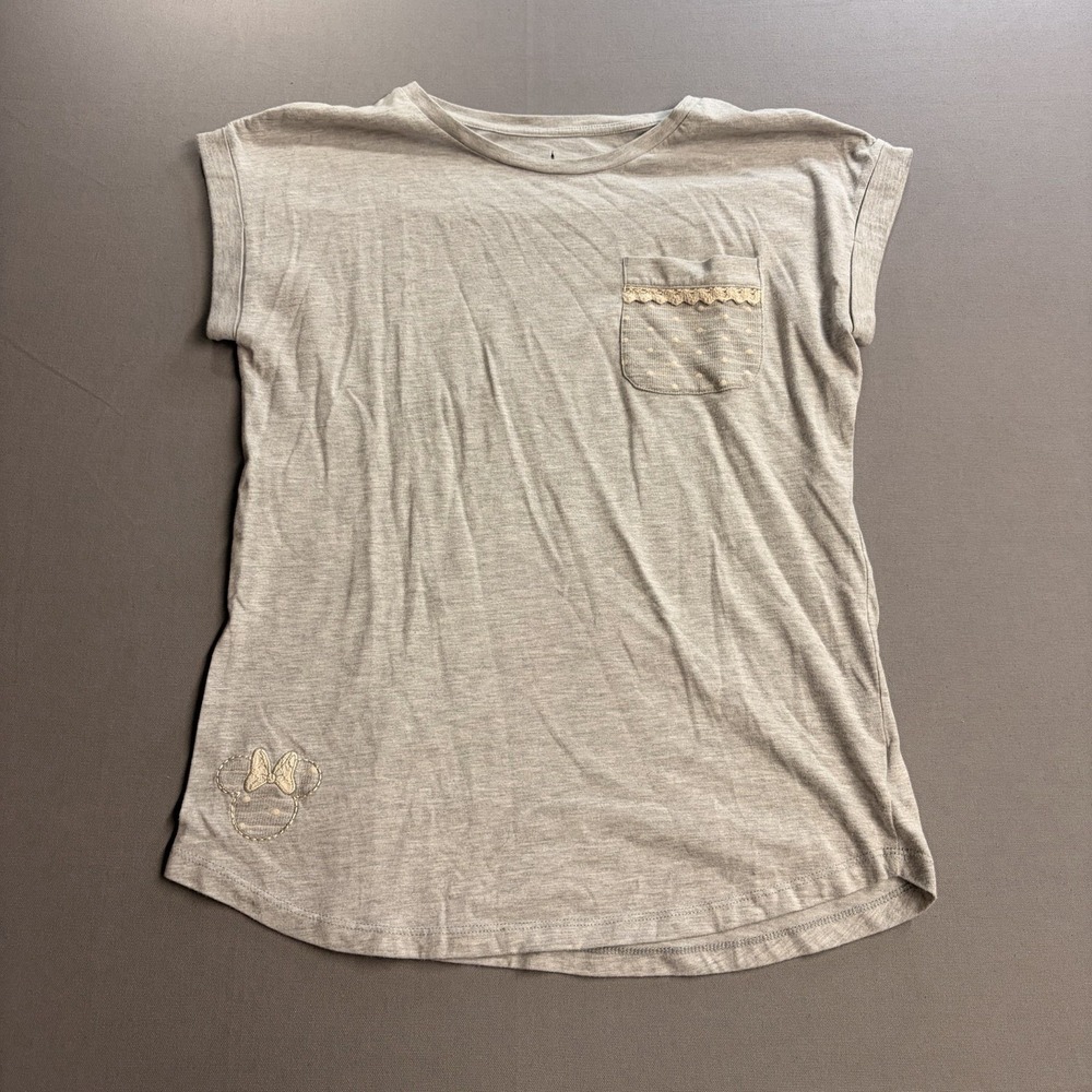 Disney Parks Minnie Mouse Womens L Gray Lace Pocket Embroidered T Shirt